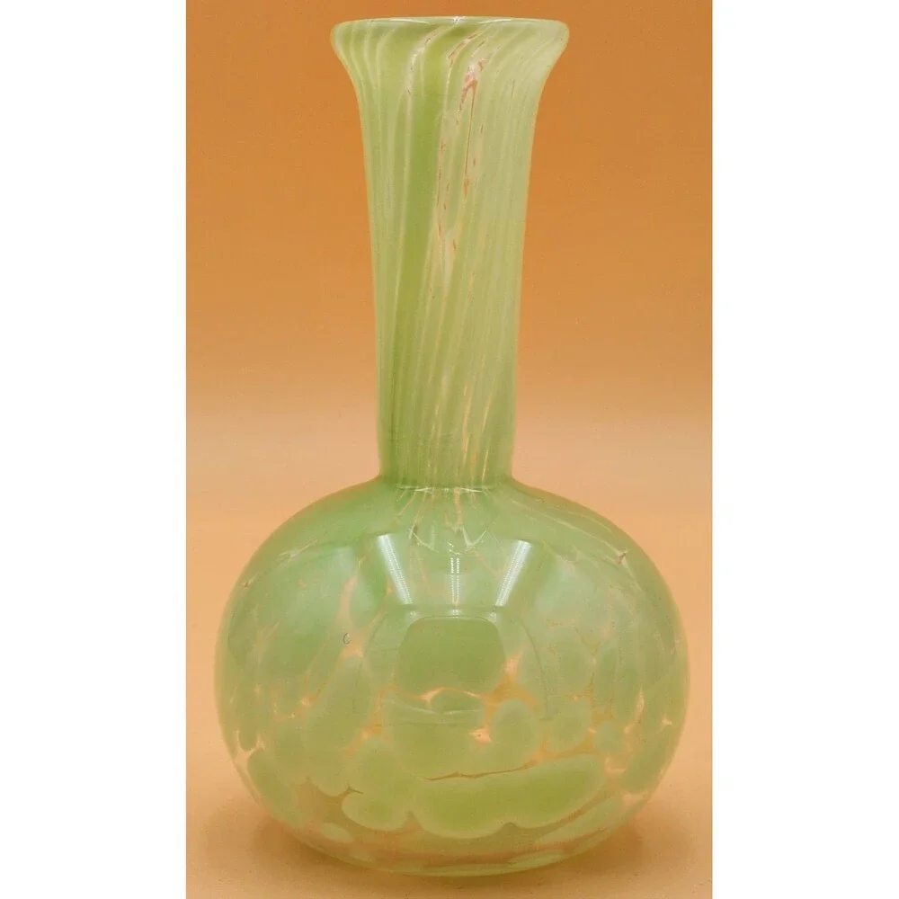 Green & Clear Art Glass Vase Hand Blown ~ Great Pontil Mark